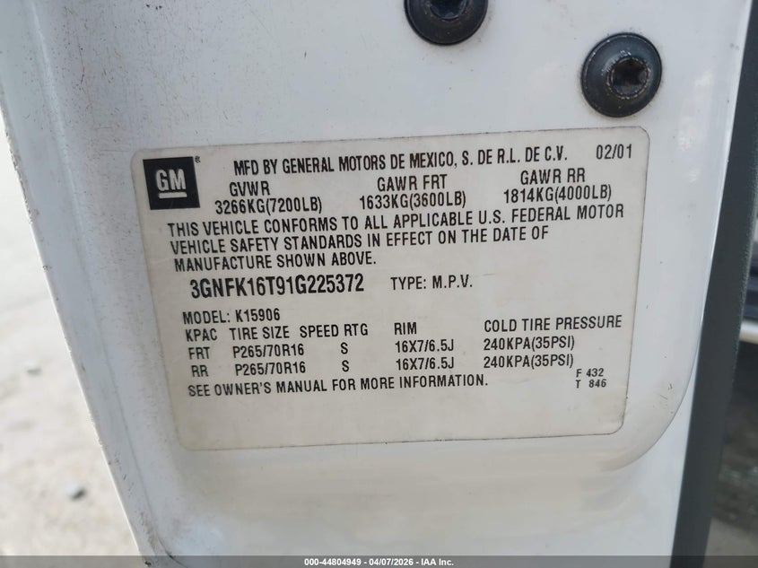 2001 Chevrolet Suburban 1500 Lt VIN: 3GNFK16T91G225372 Lot: 44804949