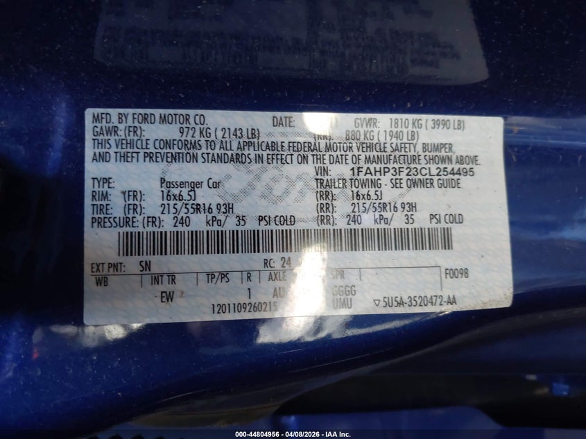 1FAHP3F23CL254495 2012 Ford Focus 2.0 Se blue