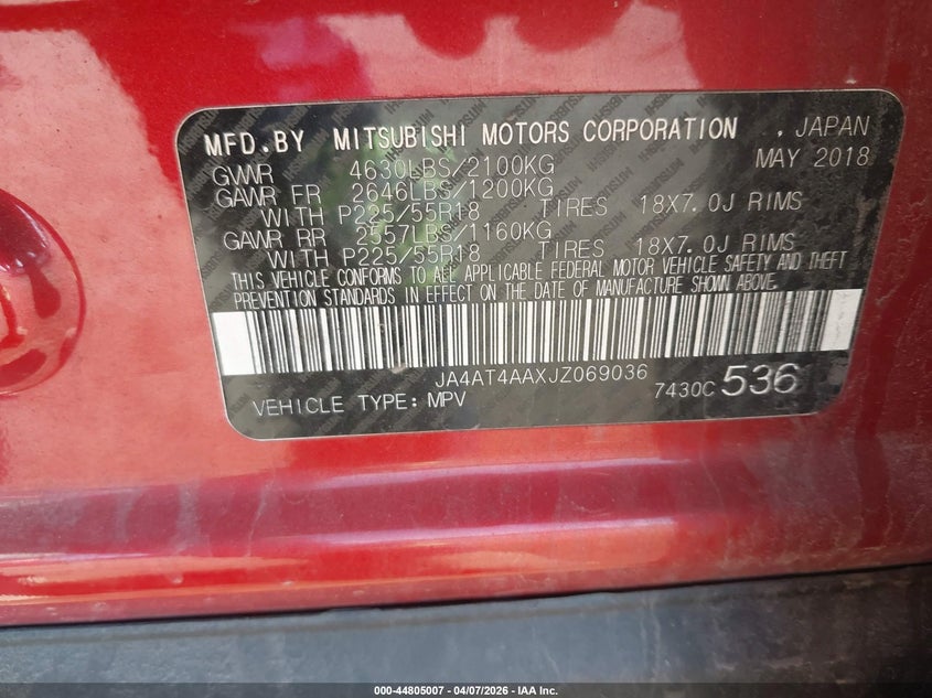 2018 Mitsubishi Eclipse Cross Le VIN: JA4AT4AAXJZ069036 Lot: 44805007