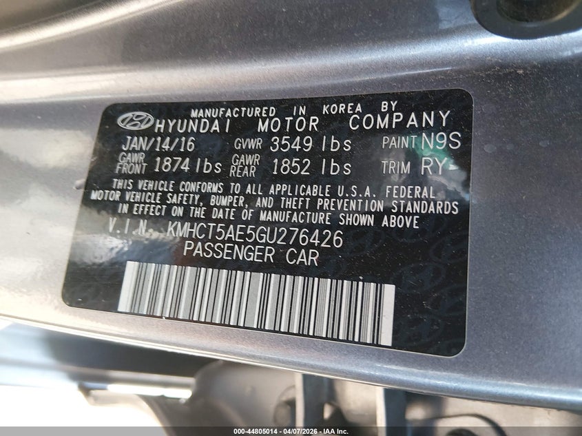 2016 HYUNDAI ACCENT HATCHBACK 1.6L I-4 DI, DOHC, VVT, 137HP