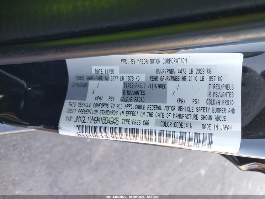 2021 Mazda Mazda6 Touring VIN: JM1GL1VM9M1604945 Lot: 44805020