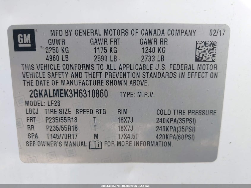 2017 Gmc Terrain 2.4 Sle-1 white Lot 111044805078 Vin 2GKALMEK3H6310860