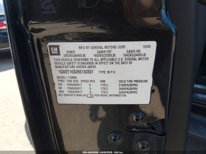 2006 GMC Envoy Xl Slt VIN: 1GKET16S266130397 Lot: 44805086