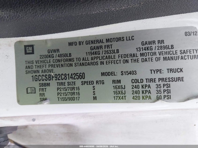 2012 Chevrolet Colorado 2.9 Work Truck blue Lot 111044805095 Vin 1GCCSBF92C8142560