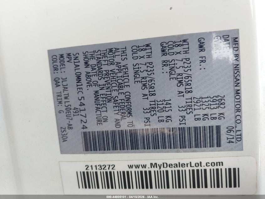 2014 Infiniti Qx60 VIN: 5N1AL0MN1EC541724 Lot: 44805101