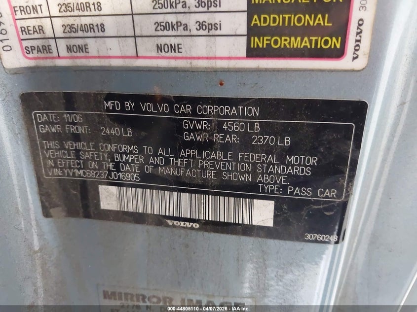 2007 Volvo C70 T5 VIN: YV1MC68237J016905 Lot: 44805110