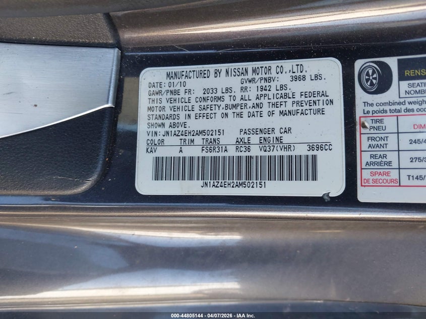 2010 Nissan 370Z Touring VIN: JN1AZ4EH2AM502151 Lot: 44805144