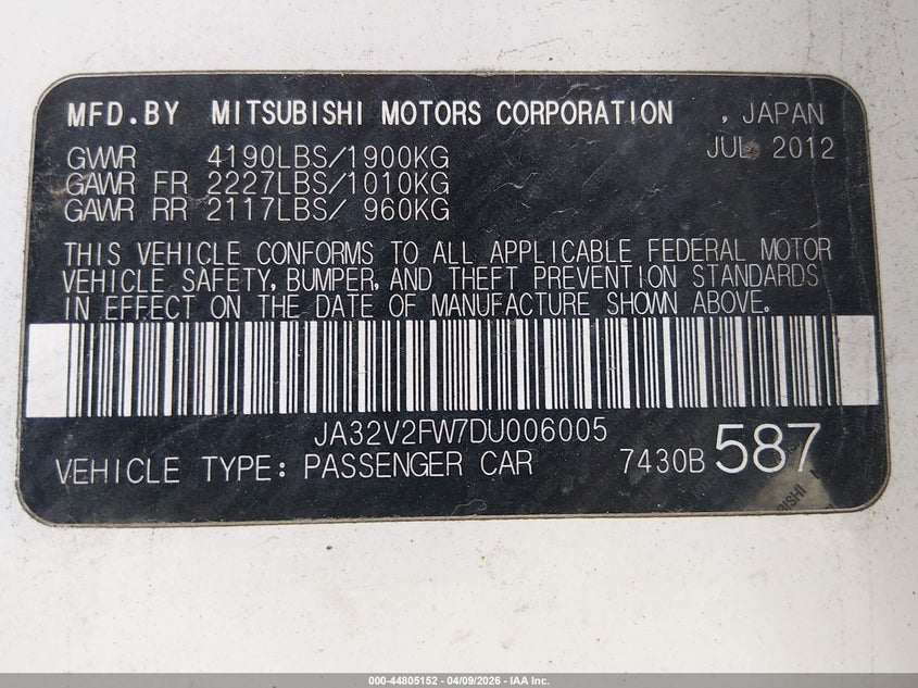2013 Mitsubishi Lancer Se VIN: JA32V2FW7DU006005 Lot: 44805152