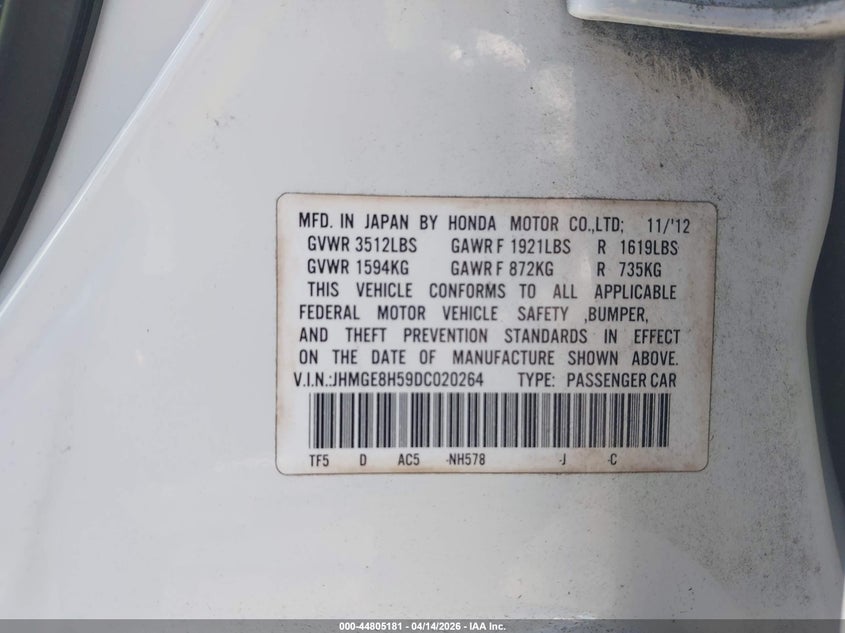 2013 Honda Fit Sport VIN: JHMGE8H59DC020264 Lot: 44805181