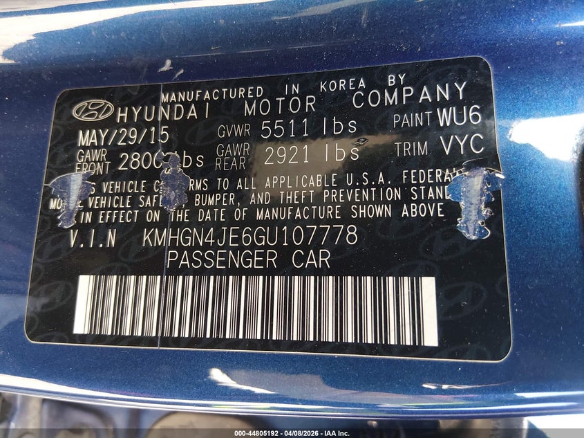 2016 Hyundai Genesis 3.8 VIN: KMHGN4JE6GU107778 Lot: 44805192