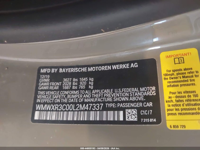 2020 Mini Hardtop Cooper VIN: WMWXR3C00L2M47337 Lot: 44805193