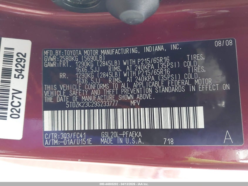 2009 Toyota Sienna Le VIN: 5TDZK23C29S233777 Lot: 44805202