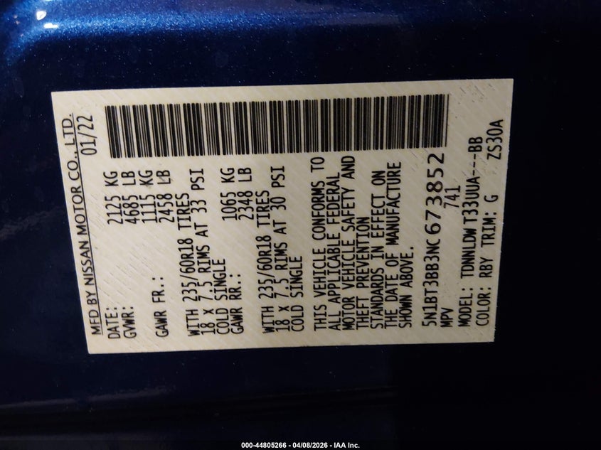 2022 Nissan Rogue Sv Intelligent Awd VIN: 5N1BT3BB3NC673852 Lot: 44805266