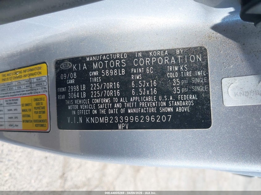 2009 Kia Sedona Lx VIN: KNDMB233996296207 Lot: 44805269