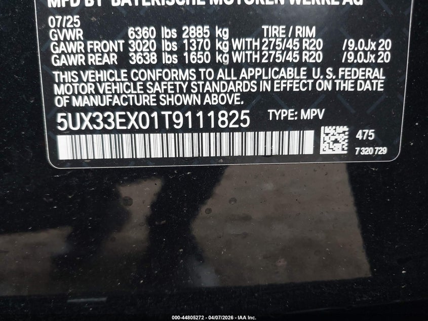 2026 BMW X6 xDrive40I VIN: 5UX33EX01T9111825 Lot: 44805272