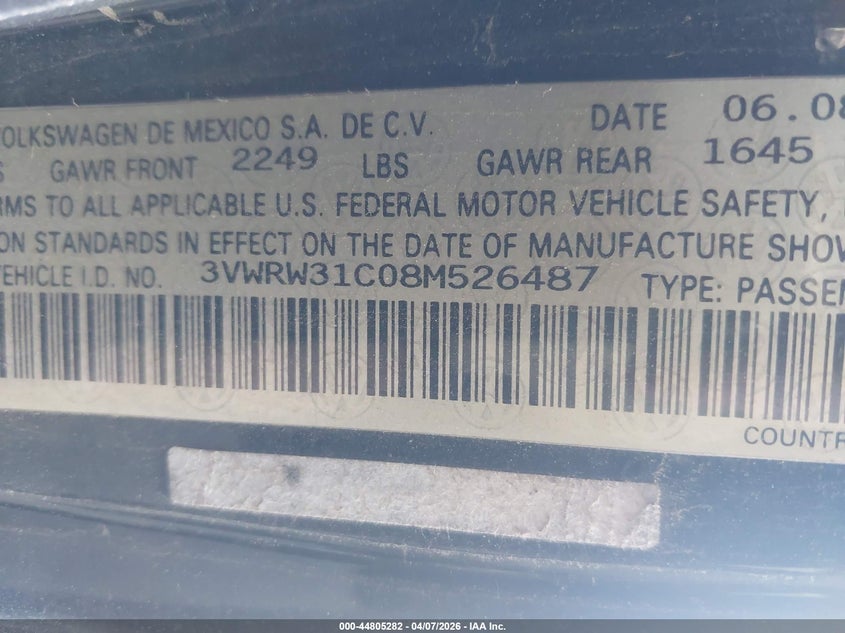 2008 Volkswagen New Beetle S/Se VIN: 3VWRW31C08M526487 Lot: 44805282