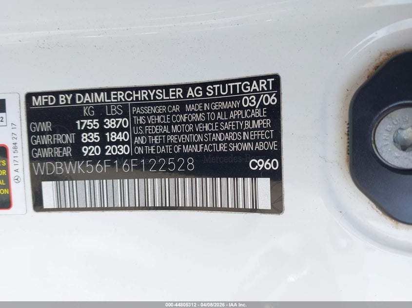 2006 Mercedes-Benz Slk 350 VIN: WDBWK56F16F122528 Lot: 44805312