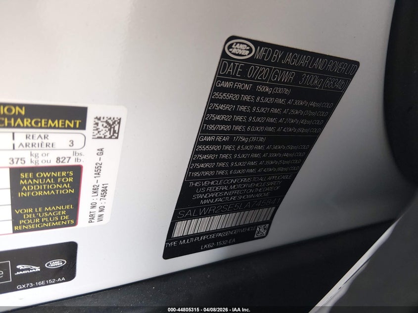 2020 Land Rover Range Rover Sport Hse Dynamic VIN: SALWR2SE5LA745841 Lot: 44805315