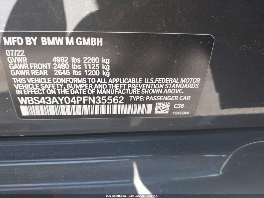 2023 BMW M3 Competition xDrive VIN: WBS43AY04PFN35562 Lot: 44805323