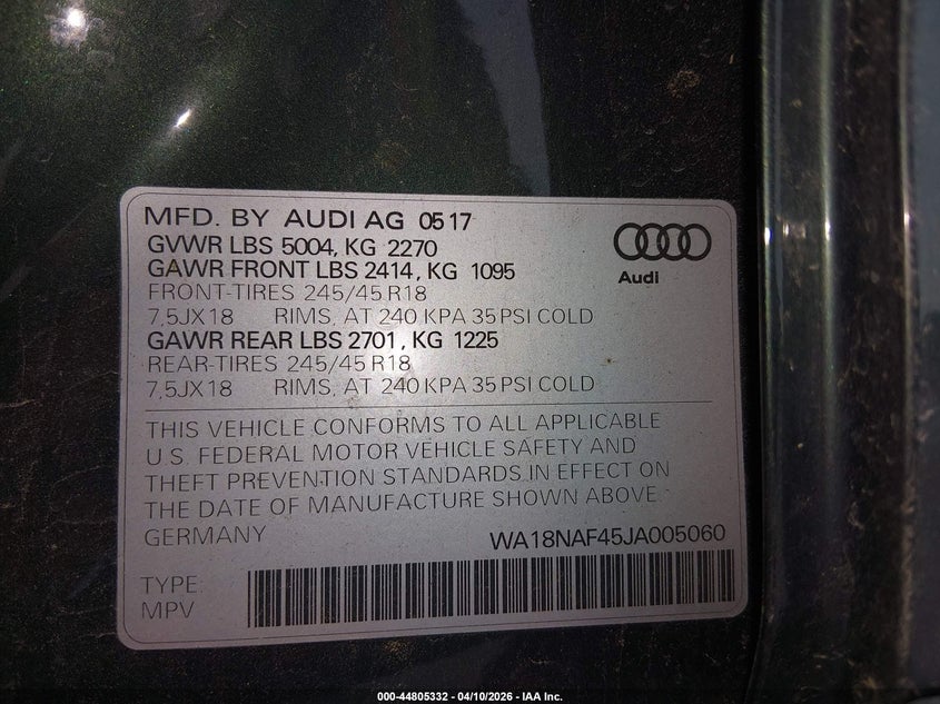 2018 Audi A4 Allroad 2.0T Premium VIN: WA18NAF45JA005060 Lot: 44805332