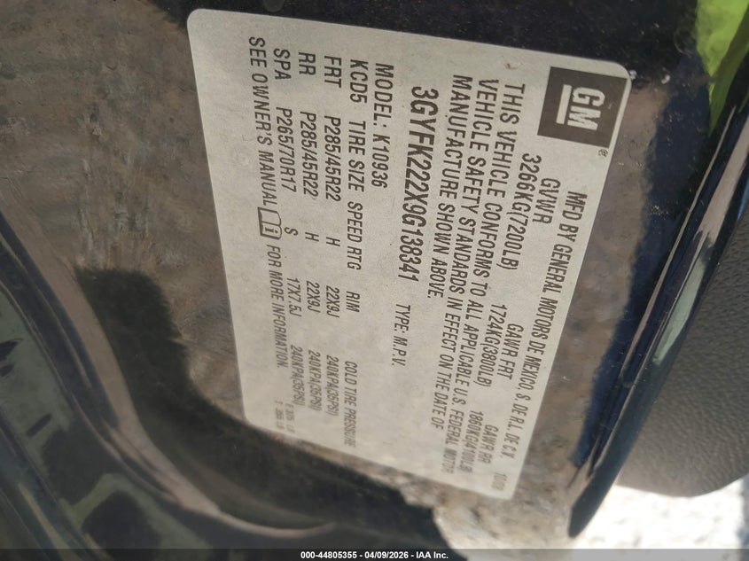 2009 Cadillac Escalade Ext Standard VIN: 3GYFK222X9G138341 Lot: 44805355