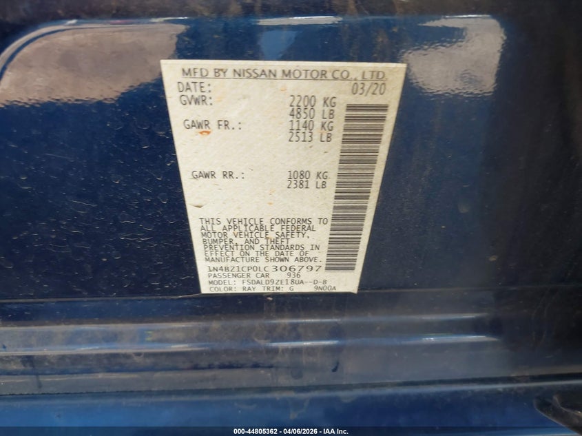 2020 Nissan Leaf Sv Plus 62 Kwh VIN: 1N4BZ1CP0LC306797 Lot: 44805362