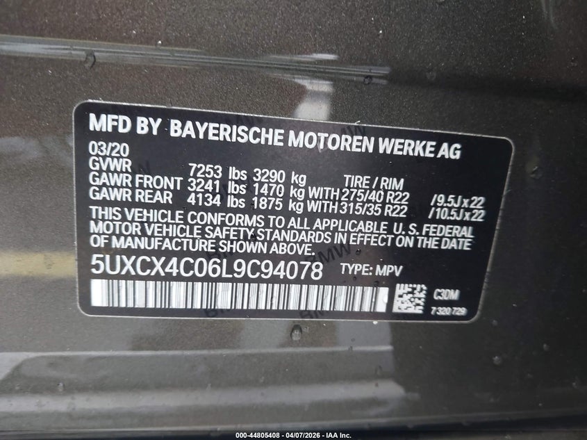 2020 BMW X7 xDrive50I VIN: 5UXCX4C06L9C94078 Lot: 44805408