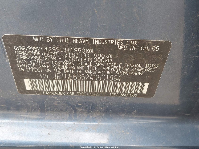 2010 Subaru Impreza 2.5I Premium VIN: JF1GE6B62AG501894 Lot: 44805418