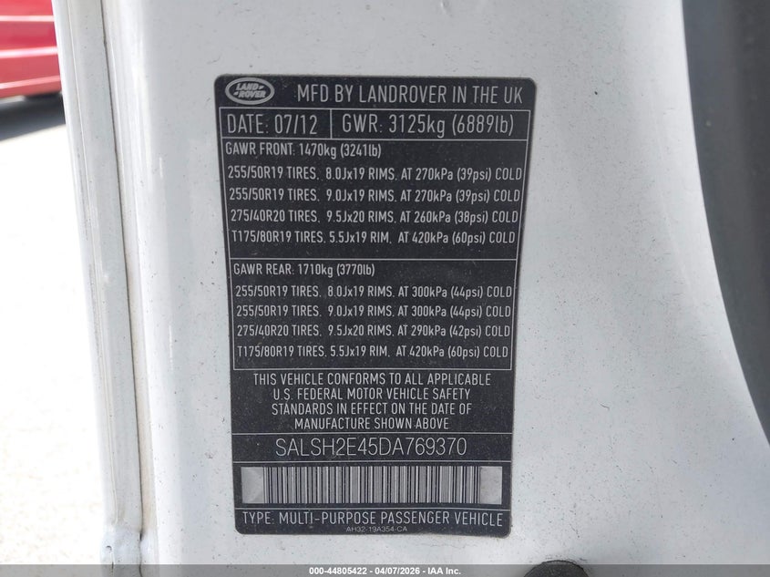 2013 Land Rover Range Rover Sport Supercharged VIN: SALSH2E45DA769370 Lot: 44805422