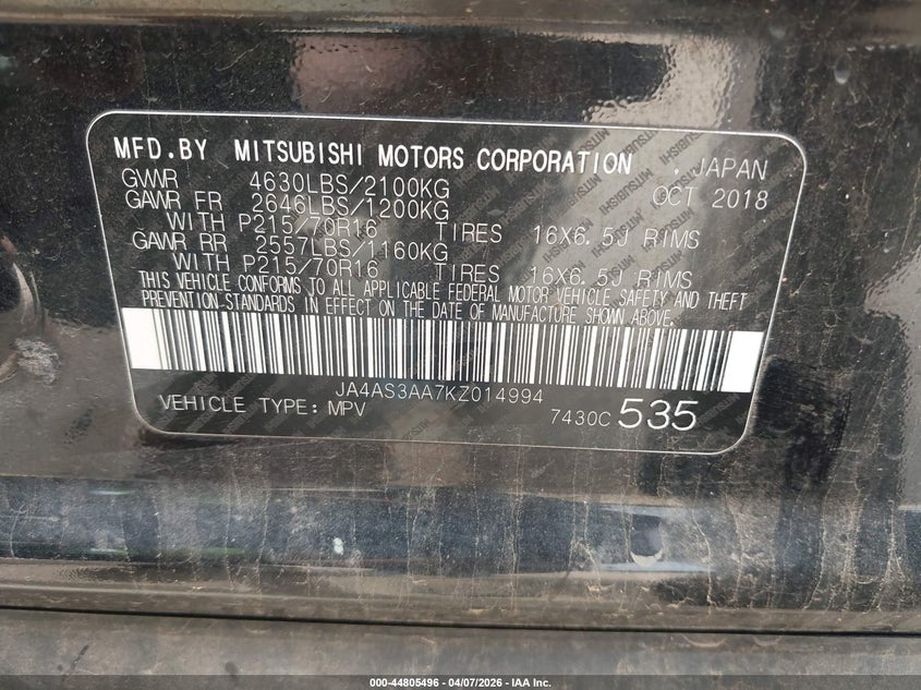 2019 Mitsubishi Eclipse Cross Es VIN: JA4AS3AA7KZ014994 Lot: 44805496