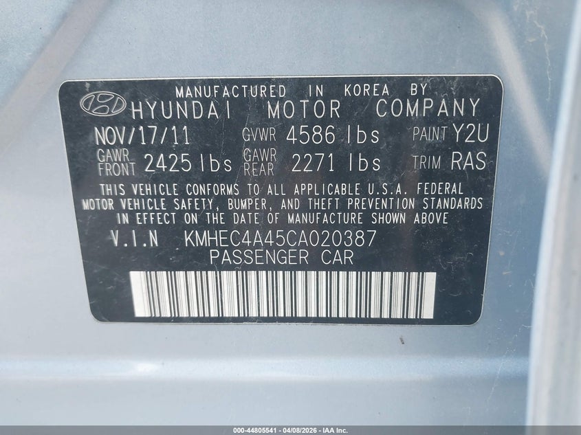 2012 Hyundai Sonata 2.4 Hybrid blue Lot 111044805541 Vin KMHEC4A45CA020387