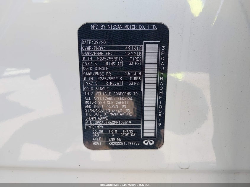 2021 Infiniti Qx50 Luxe VIN: 3PCAJ5BA0MF105519 Lot: 44805562