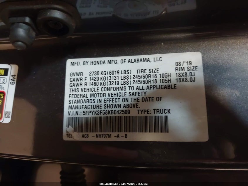 2019 Honda Ridgeline Rtl VIN: 5FPYK3F58KB042509 Lot: 44805563