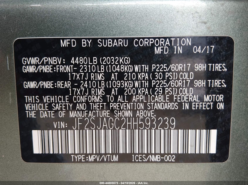 2017 Subaru Forester 2.5I Premium VIN: JF2SJAGC2HH593239 Lot: 44805575