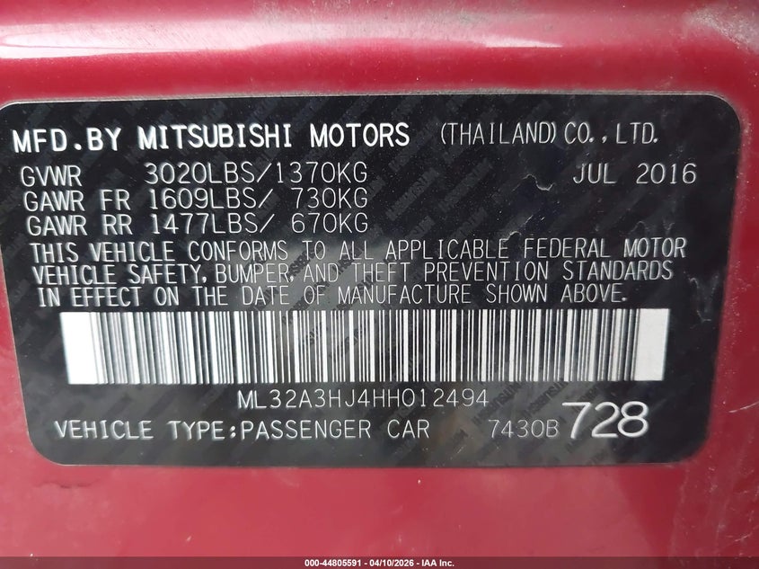 2017 Mitsubishi Mirage 1.2 Es red Lot 111044805591 Vin ML32A3HJ4HH012494