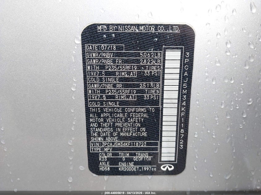 2019 Infiniti Qx50 Pure VIN: 3PCAJ5M34KF118723 Lot: 44805619