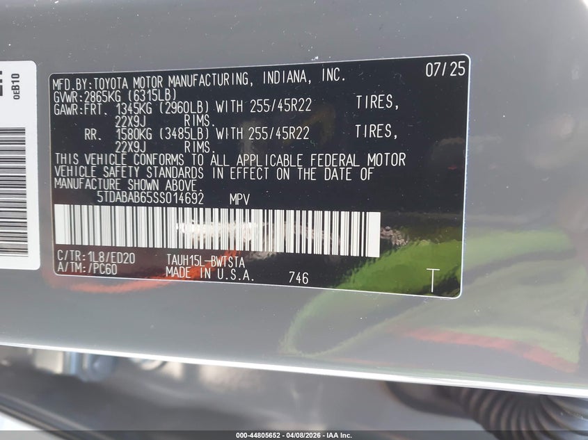 2025 Lexus Tx 500H F Sport Premium VIN: 5TDABAB65SS014692 Lot: 44805652