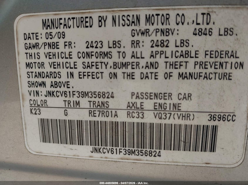 INFINITI G37X 2009 VIN JNKCV61F39M356824