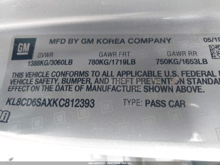 2019 Chevrolet Spark 1Lt Cvt VIN: KL8CD6SAXKC812393 Lot: 44805731
