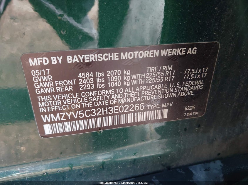 2017 Mini Countryman Cooper VIN: WMZYV5C32H3E02266 Lot: 44805756