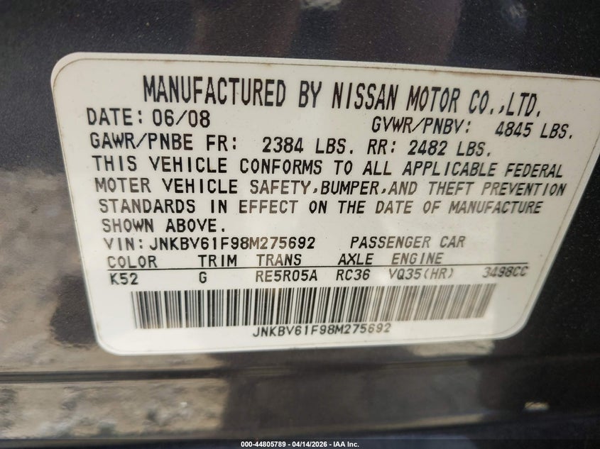 2008 Infiniti G35X VIN: JNKBV61F98M275692 Lot: 44805789