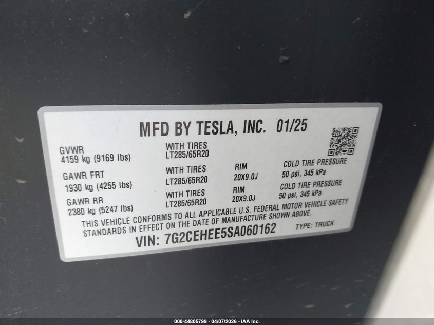 2025 Tesla Cybertruck Cyberbeast VIN: 7G2CEHEE5SA060162 Lot: 44805799