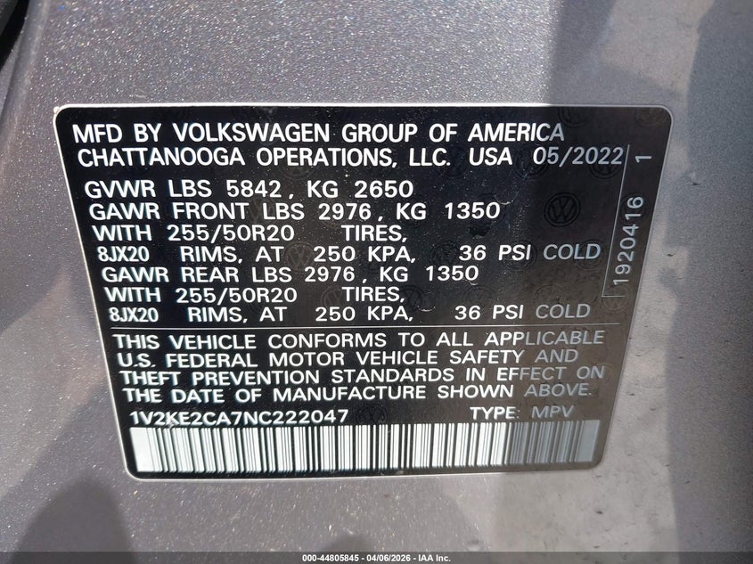 2022 Volkswagen Atlas Cross Sport 3.6L V6 Se W/Technology VIN: 1V2KE2CA7NC222047 Lot: 44805845