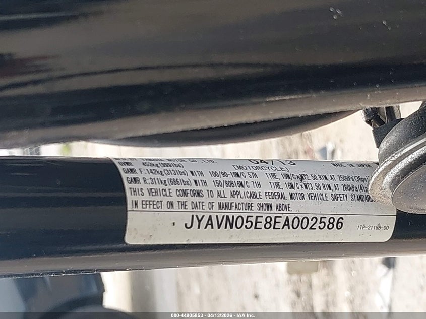 2014 Yamaha Xvs950 Cu VIN: JYAVN05E8EA002586 Lot: 44805853