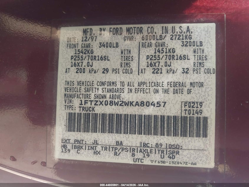 1998 Ford F-150 Lariat/Xl/Xlt VIN: 1FTZX08W2WKA80457 Lot: 44805901