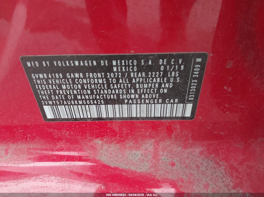 2019 Volkswagen Golf Sportwagen 1.4T S/1.4T Se VIN: 3VWY57AU8KM505425 Lot: 44805924