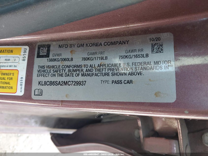 2021 Chevrolet Spark Fwd Ls Automatic VIN: KL8CB6SA2MC729937 Lot: 44805947