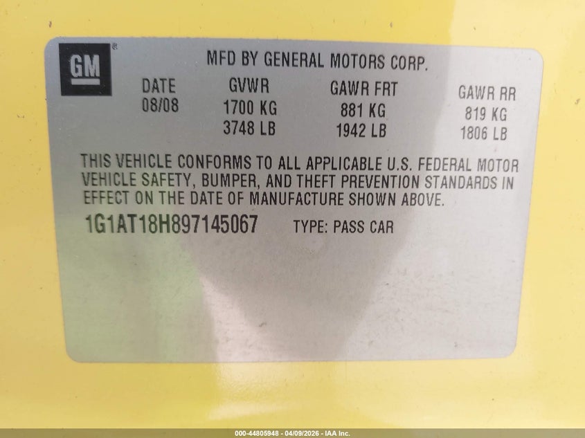 2009 Chevrolet Cobalt Lt VIN: 1G1AT18H897145067 Lot: 44805948