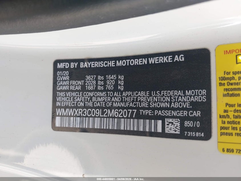 2020 Mini Hardtop Cooper VIN: WMWXR3C09L2M62077 Lot: 44805981
