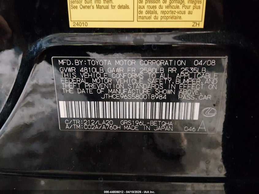 2008 Lexus Gs 350 VIN: JTHCE96S580018984 Lot: 44806012